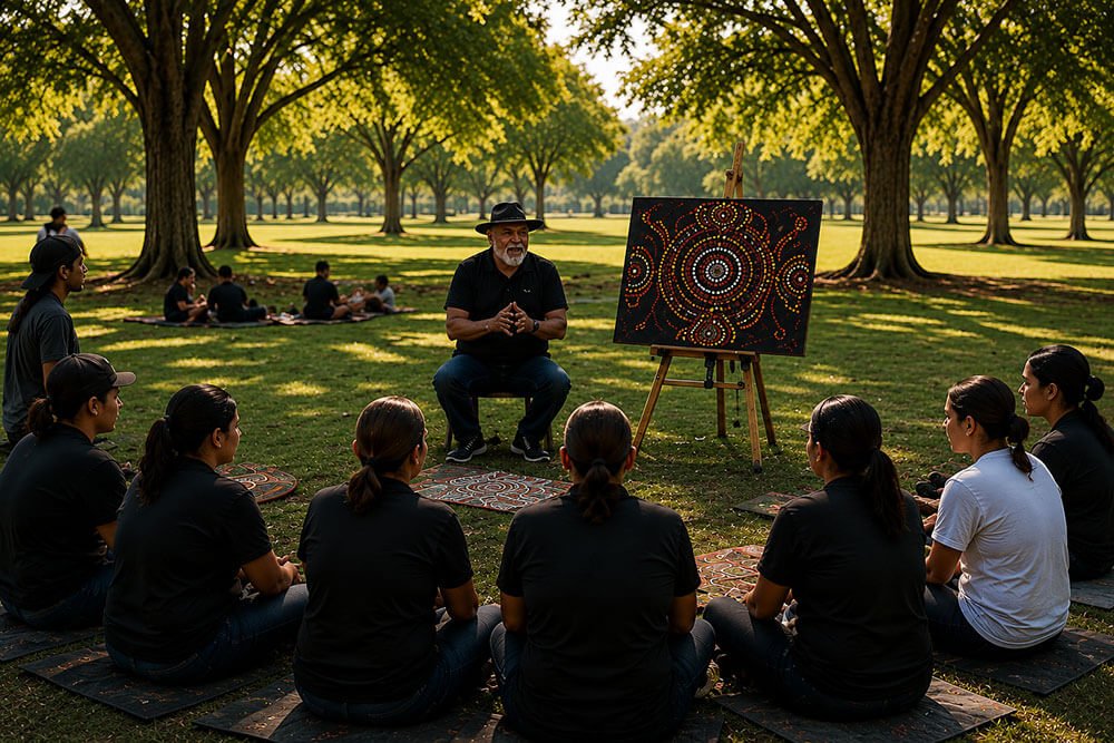 Tjina cultural yarning circle with a group outdoors