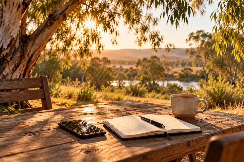 A phone, notebook and cup of tea on an outdoor wooden table under a gum tree